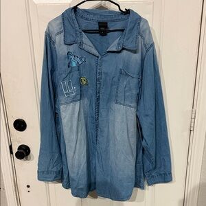 Blue Denim Button-Up Shirt with Monsters Inc.   Embroidery Plus Size 6